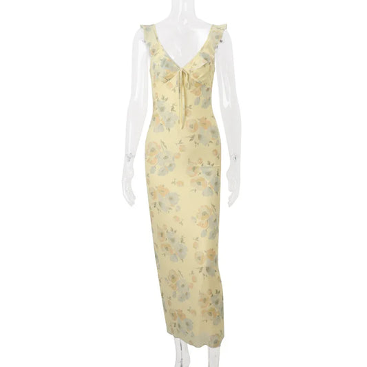 Cryptographic Floral Print Plunge Maxi Dress
