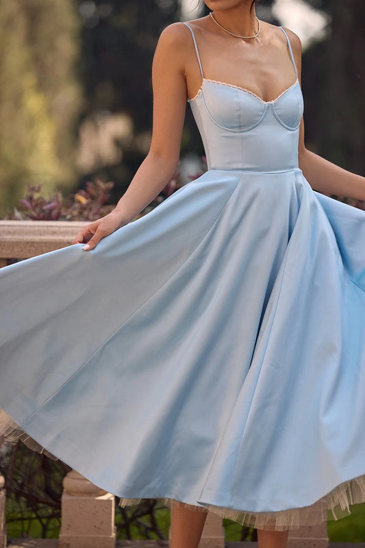 Suninheart Summer Spaghetti Strap Midi Dress with Elegant Fit and Flare Design