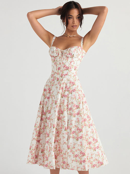 Suninheart Floral Print Midi Dress with Slit and Lace-Up Detail