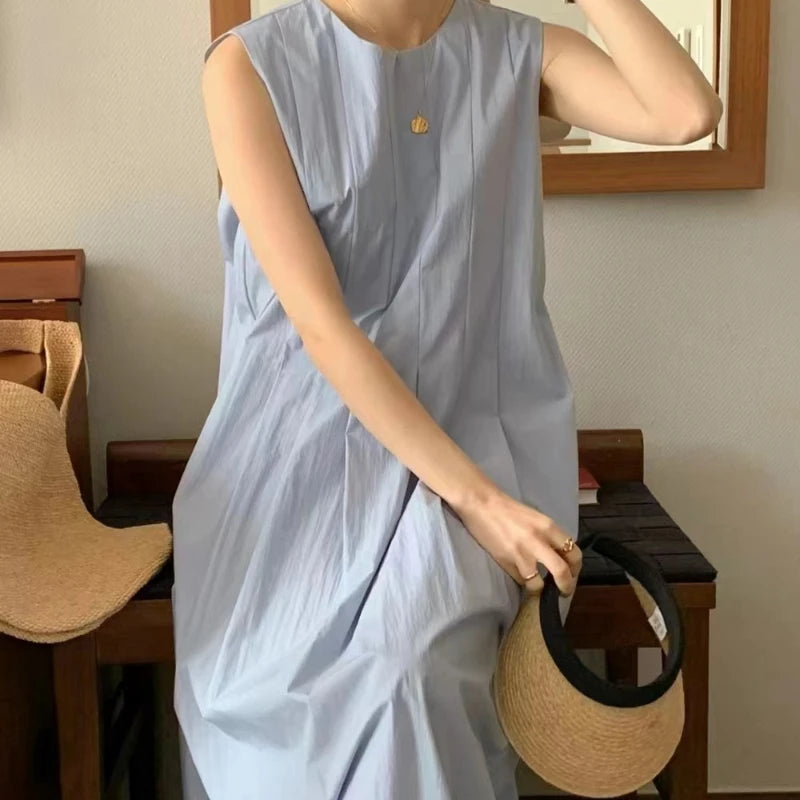 REALEFT Women's Casual A-Line Pleated Tank Dress with Pockets