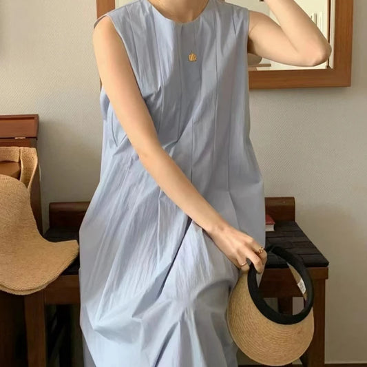 REALEFT Women's Casual A-Line Pleated Tank Dress with Pockets