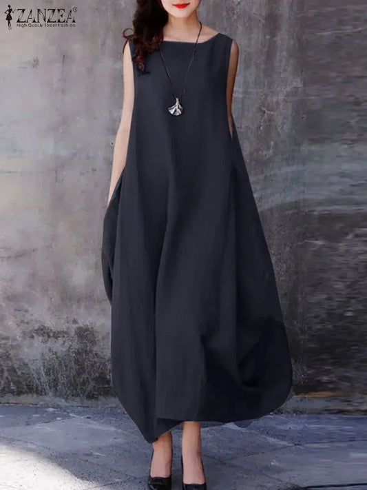 ZANZEA Oversized Cotton Maxi Dress for Women - Casual Sleeveless Summer Style