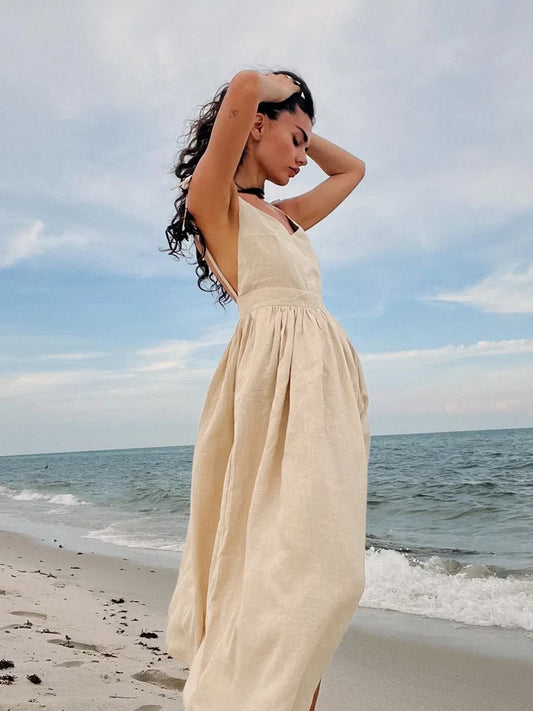 Bornladies Vintage A-line Cotton V-neck Sling Dress