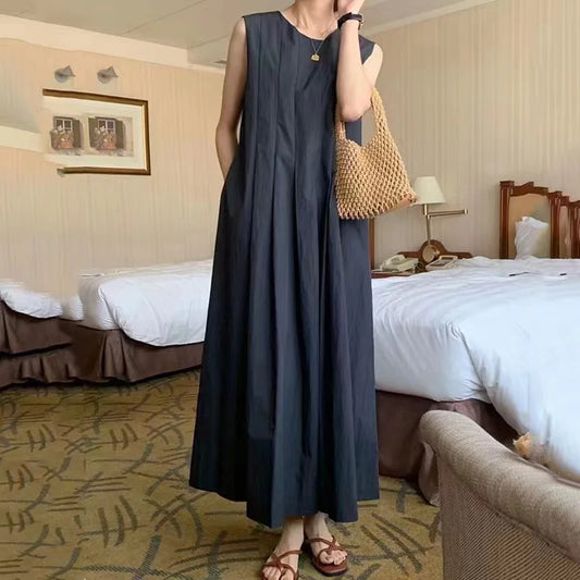 REALEFT Women's Casual A-Line Pleated Tank Dress with Pockets