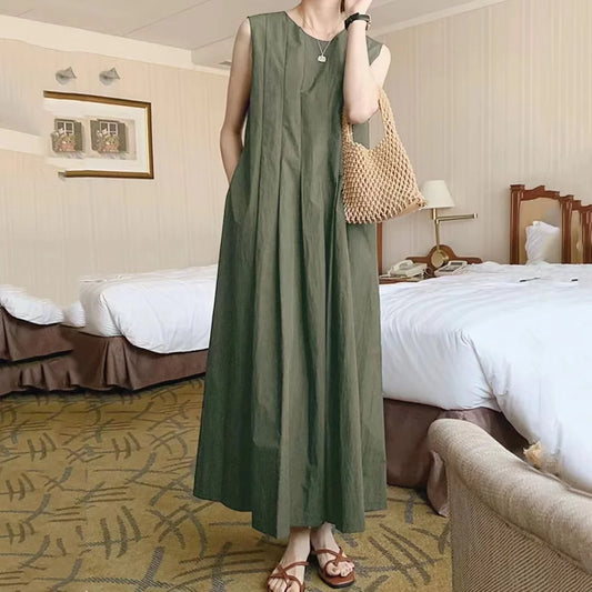 REALEFT Women's Casual A-Line Pleated Tank Dress with Pockets