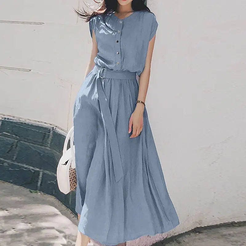 ZANZEA Women’s Elegant Mid-Calf Casual Dress with Belt