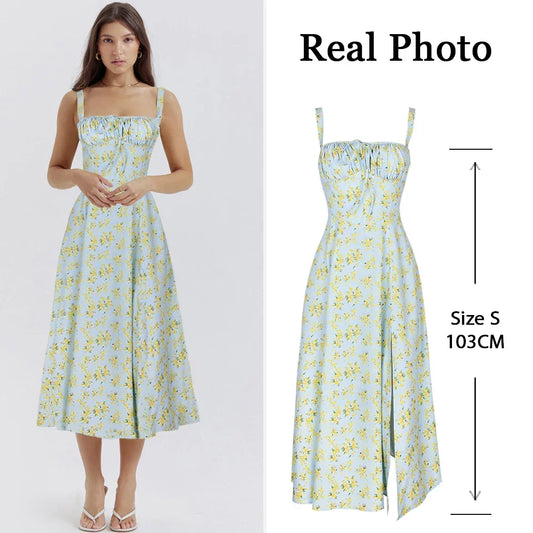 Suninheart Floral Print Midi Dress with Slit and Lace-Up Detail