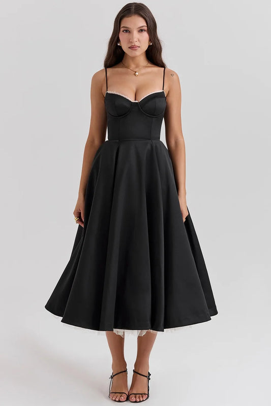 Suninheart Summer Spaghetti Strap Midi Dress with Elegant Fit and Flare Design