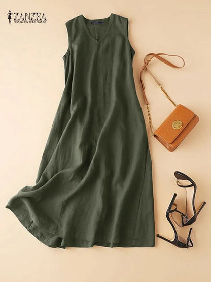 ZANZEA Women's Ankle-Length V-Neck Cotton Sundress