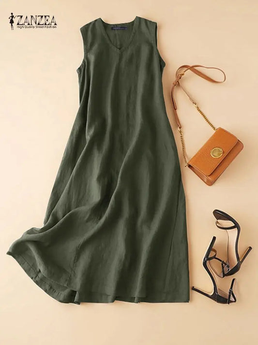 ZANZEA Women's Ankle-Length V-Neck Cotton Sundress