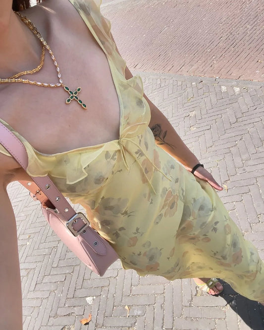 Cryptographic Floral Print Plunge Maxi Dress