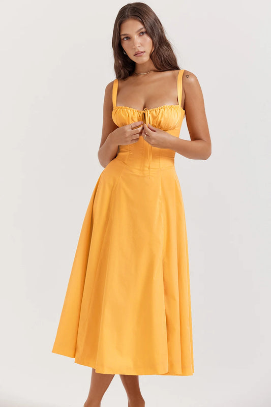 Suninheart Floral Print Midi Dress with Slit and Lace-Up Detail