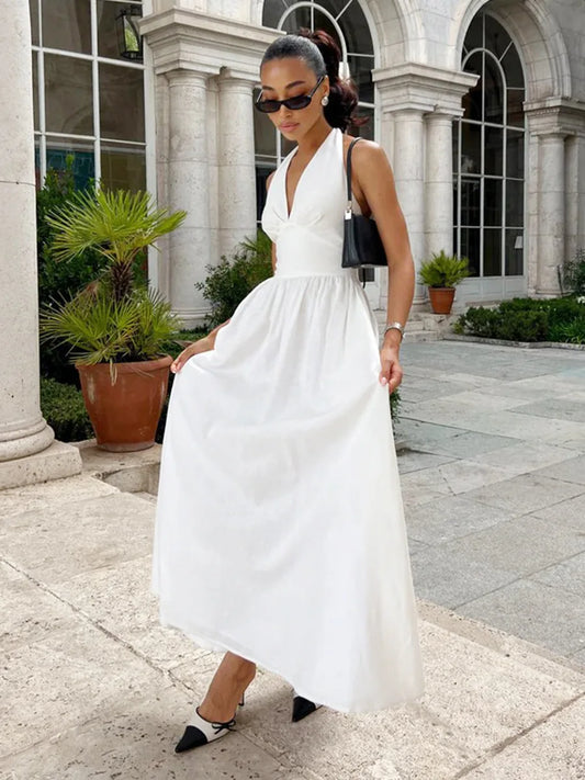 Bornladies V-Neck Cotton Camisole Dress with Waist Cinch