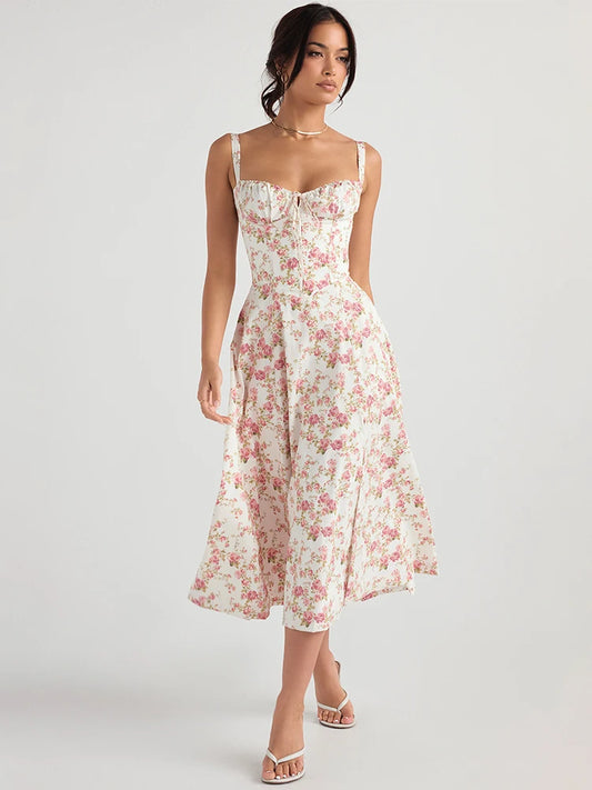 Suninheart Floral Print Midi Dress with Slit and Lace-Up Detail