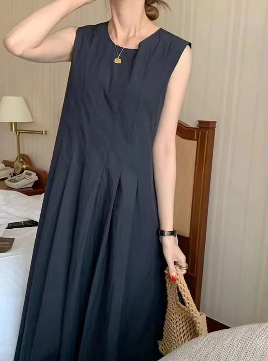 REALEFT Women's Casual A-Line Pleated Tank Dress with Pockets