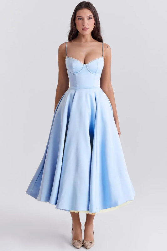 Suninheart Summer Spaghetti Strap Midi Dress with Elegant Fit and Flare Design