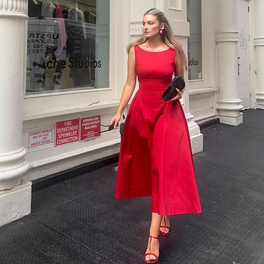 Suninheart 2025 Elegant Red Sleeveless Midi Dress