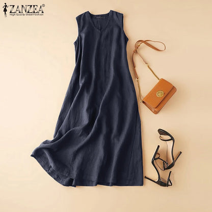 ZANZEA Women's Ankle-Length V-Neck Cotton Sundress