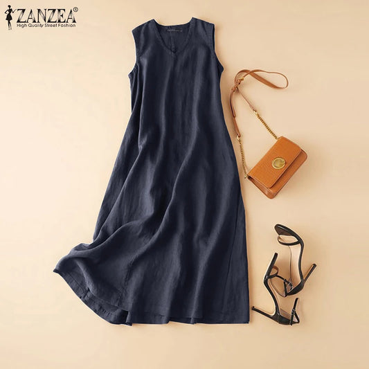 ZANZEA Women's Ankle-Length V-Neck Cotton Sundress