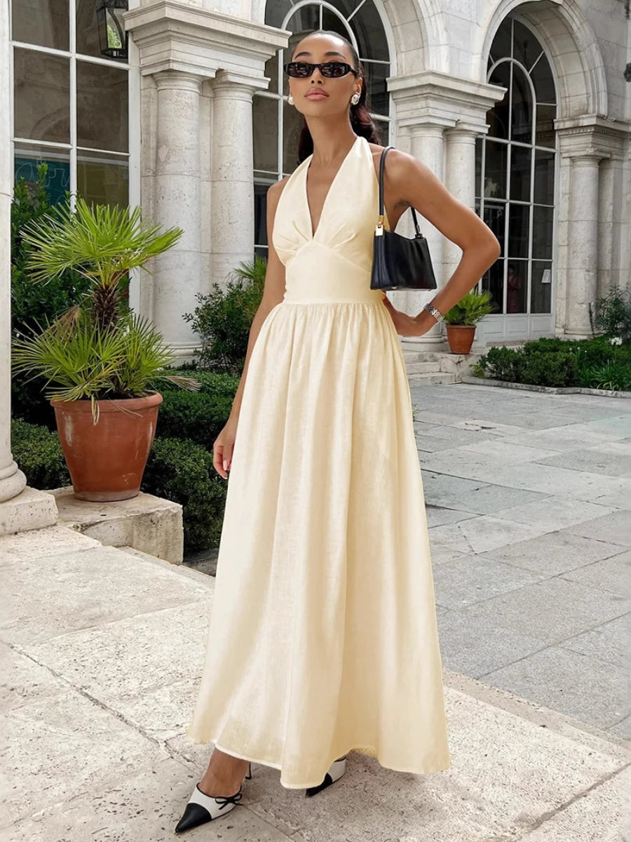 Bornladies V-Neck Cotton Camisole Dress with Waist Cinch
