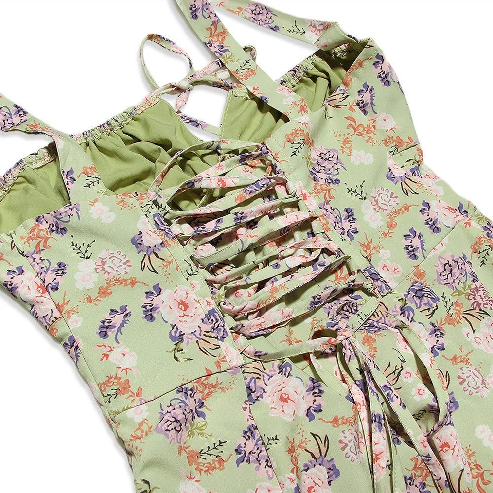Suninheart Floral Print Midi Dress with Slit and Lace-Up Detail