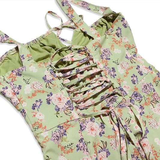 Suninheart Floral Print Midi Dress with Slit and Lace-Up Detail