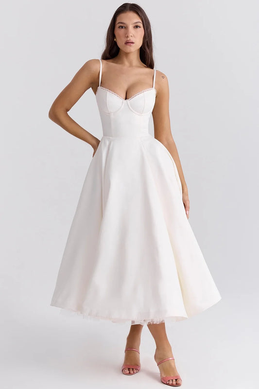 Suninheart Summer Spaghetti Strap Midi Dress with Elegant Fit and Flare Design