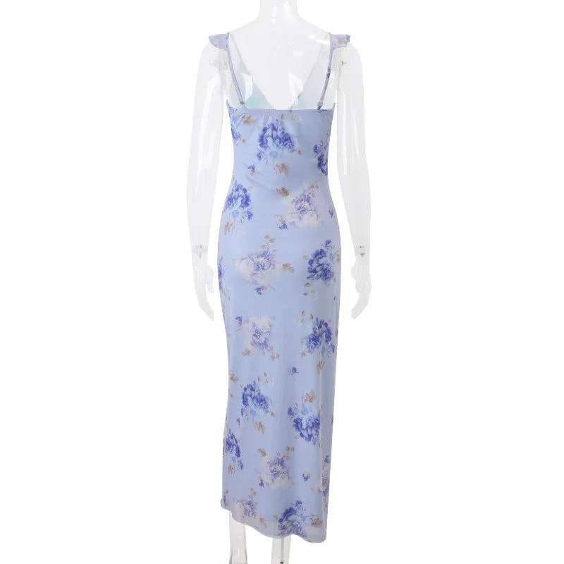 Cryptographic Floral Print Plunge Maxi Dress