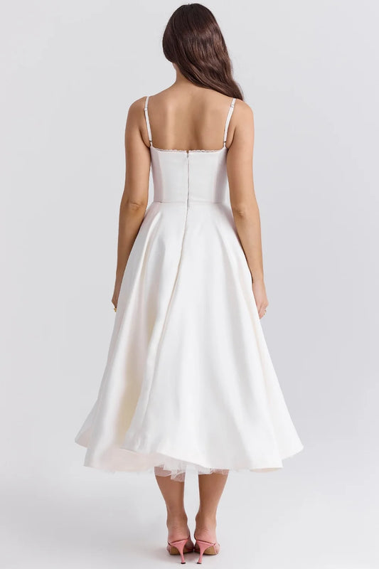 Suninheart Summer Spaghetti Strap Midi Dress with Elegant Fit and Flare Design